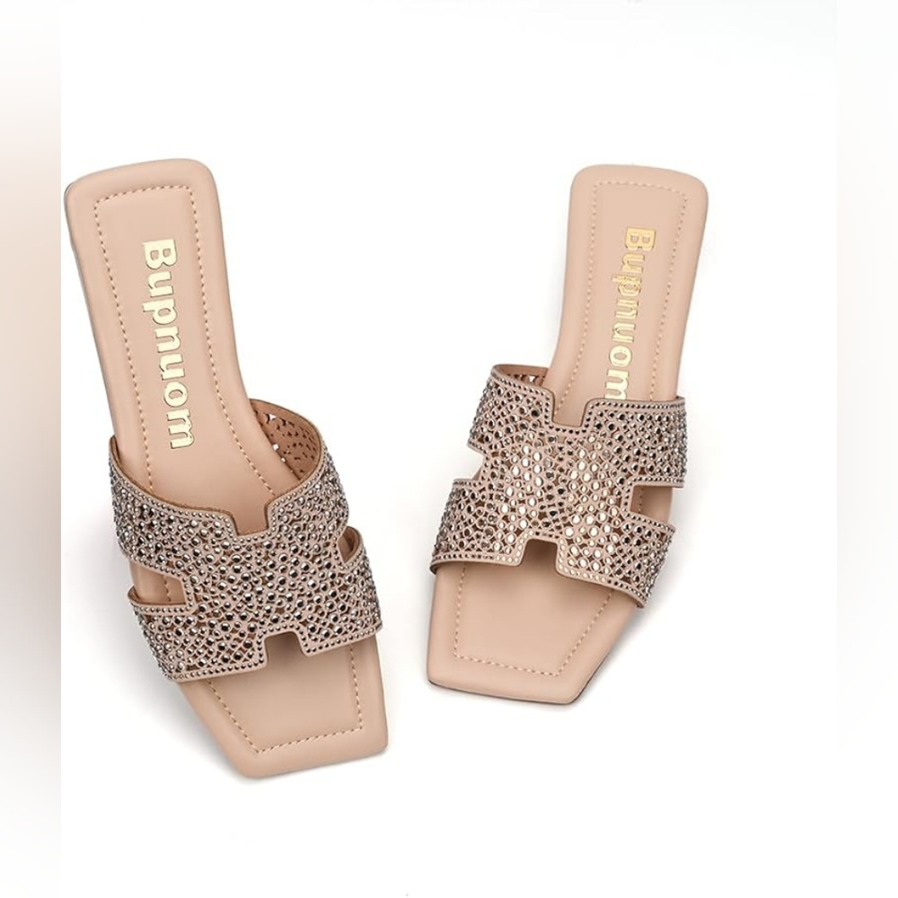 NEW Rhinestone Square Toe Flat Sandals